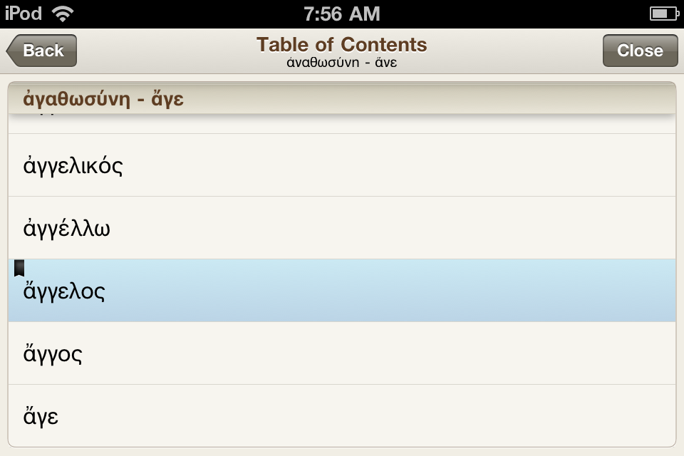 View of the table of contents